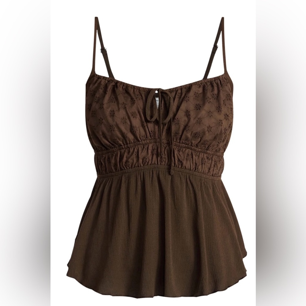 No Boundaries Eyelet Tie Front Peplum Cami Top Brown XS NWT
